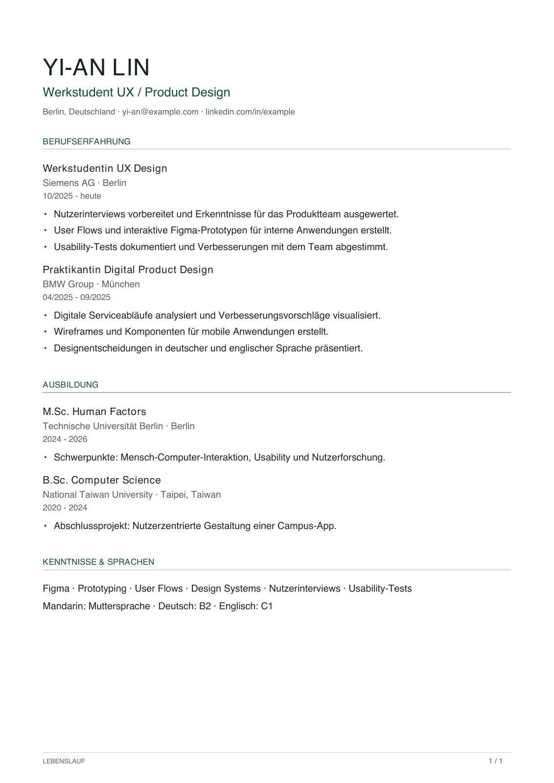 單頁德文 CV 完整排版範例